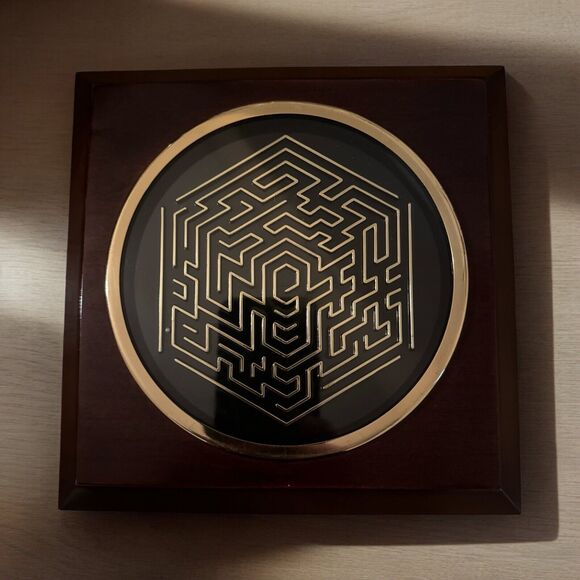 Mid Modern Century Dark Wood Gold Brass Solid Wood Cube Flat Maze Taiwan - Picture 2 of 9